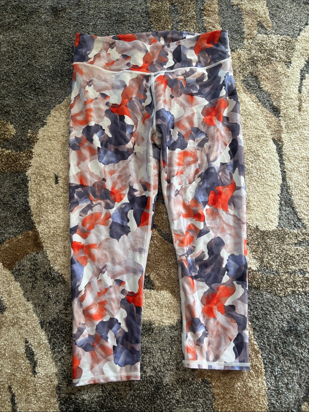 Fabletics Capri Leggings in Red, Purple & Gray Abstract Print